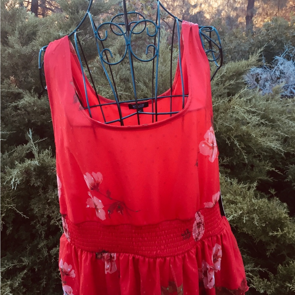 Willow Red Smocked stretchy mesh lined Peplum Tank Top - Picture 5 of 13